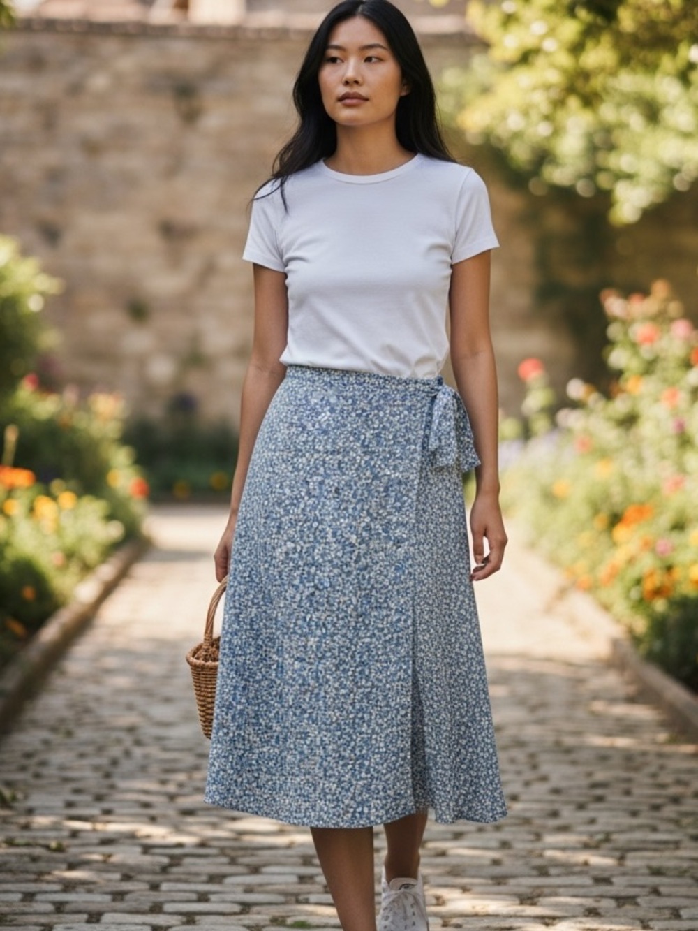 038Urban Romantics (L) Tie Waist Cottagecore Wrap Skirt Boho Patterned Blue Midi